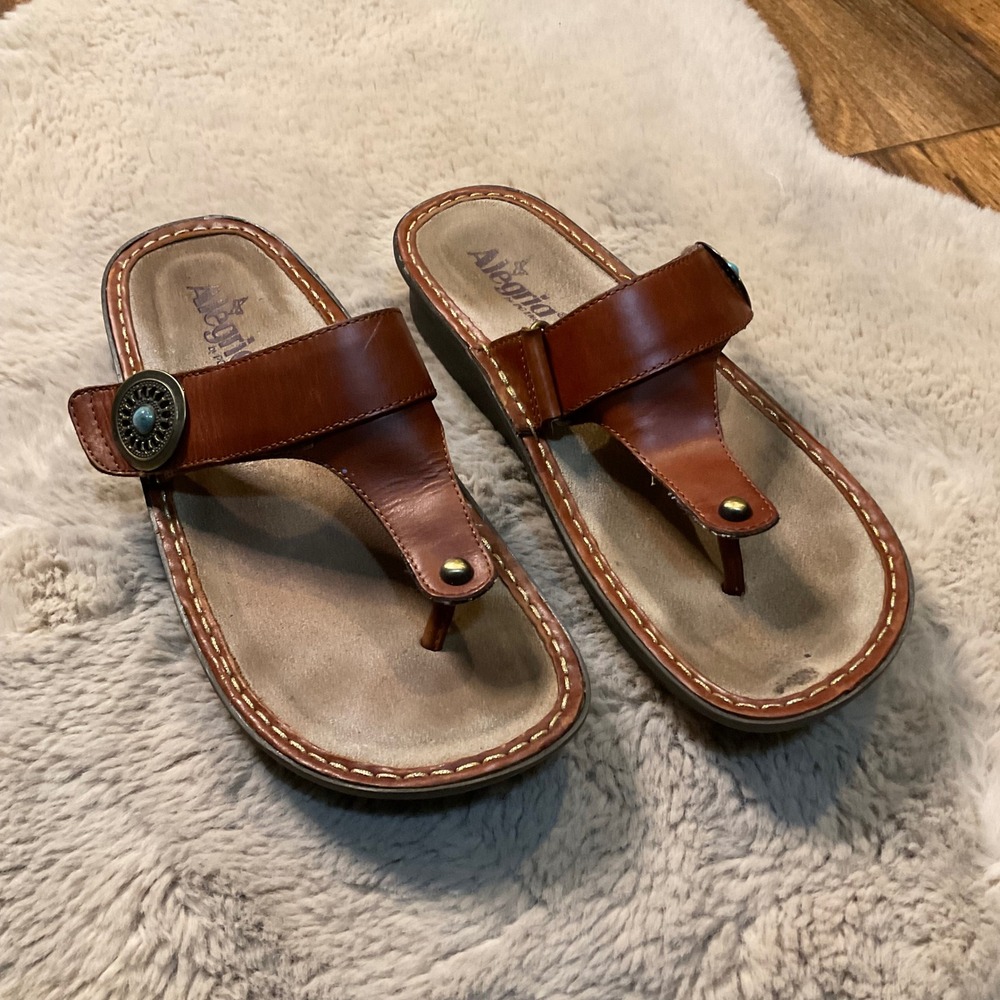 Alegria Brown Leather Thong Sandals with Bronze Accent